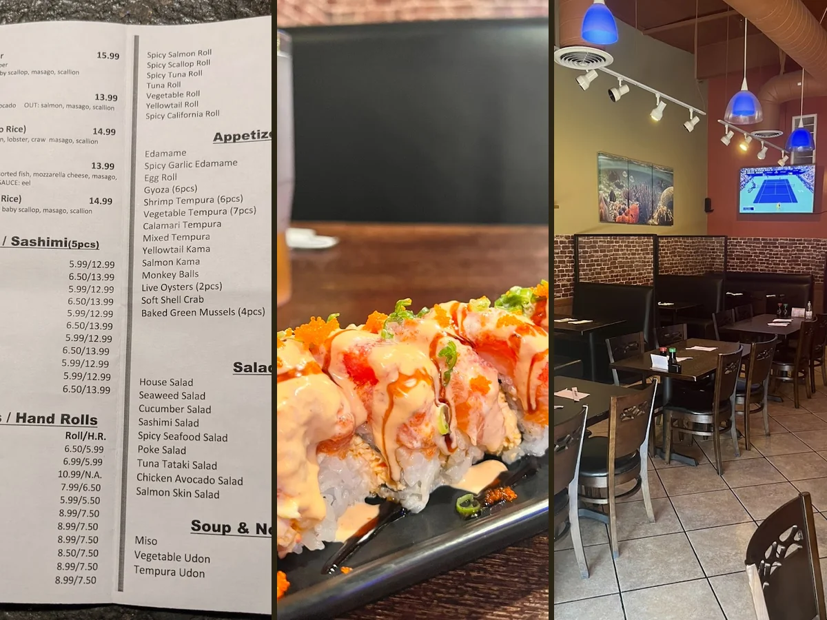 Sushi rolls on a small restaurant table.
