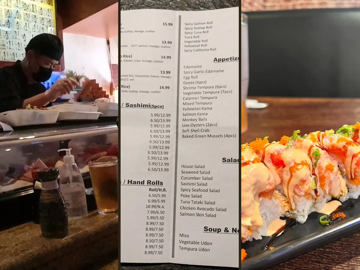 Counter seating inside a casual sushi spot.