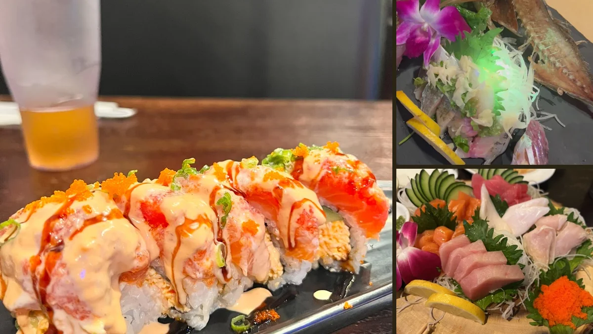 Plates of Japanese dishes on display.